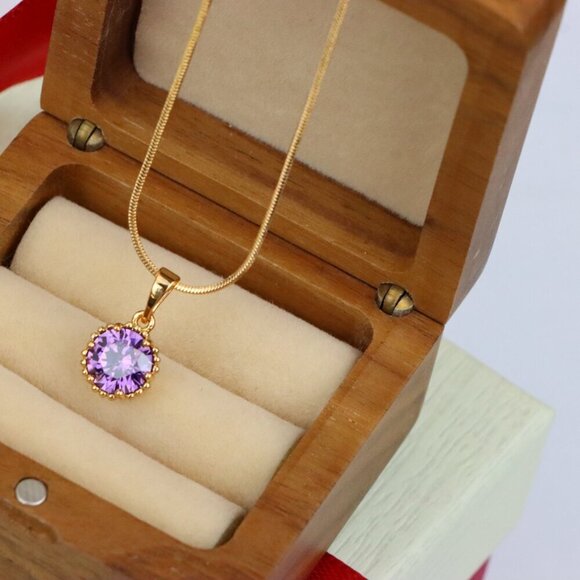 "Rose Gold Pendant with Round Purple Stone and Beaded Frame Accent, XPPT1608 - Picture 6 of 12